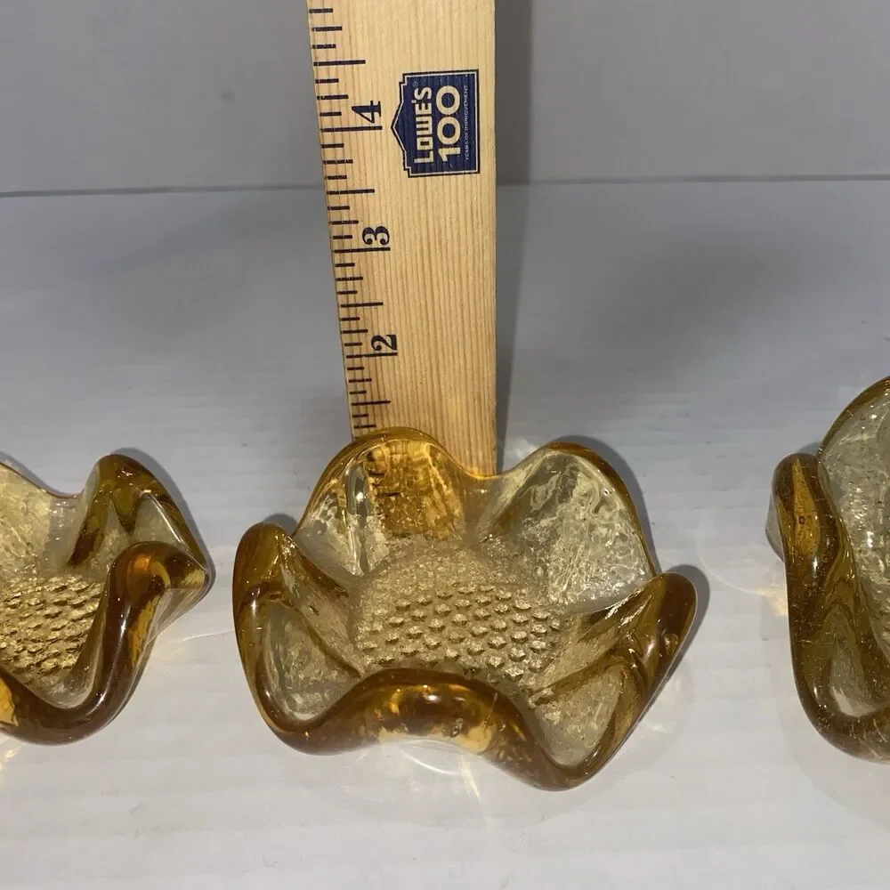 Set 3 Vtg Mid Century Golden Amber 5 Petal Lotus Bowls Nesting Textured MCM